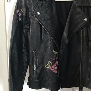 Black leather- embroidered flowers- Moto jacket.